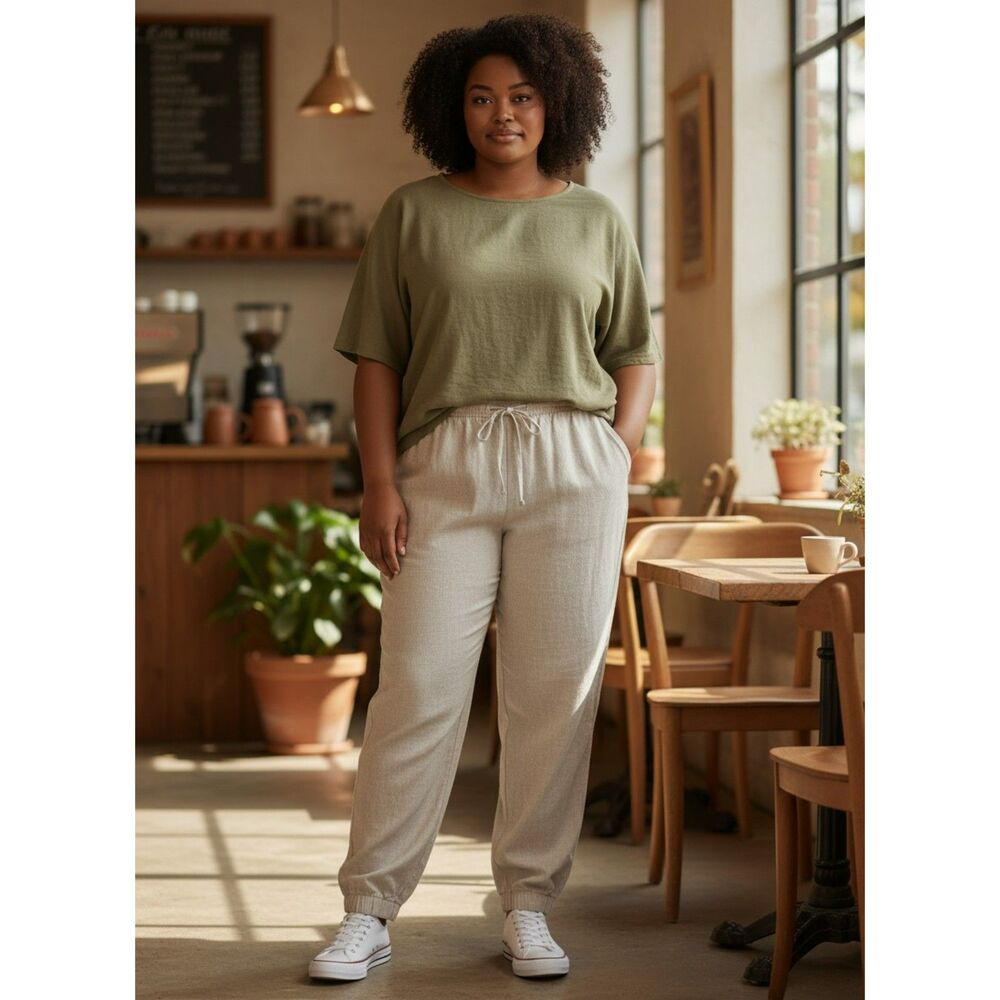 Abercrombie & Fitch Linen Blend Stretch Joggers XL Beige Neutral Lounge Pants - Picture 2 of 5